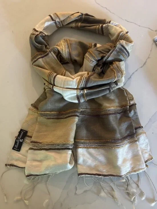 Rossella Carrara striped sheer scarf in a cream, beige, and brown colorway