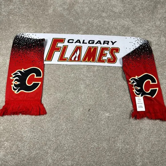 Reebok Unisex OSFA Red White Winter Fringe Calgary Flames Ice Hockey Scarf NWT‎