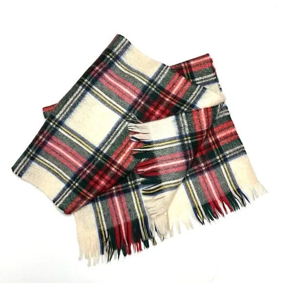 Wool Tartan Plaid Scarf White Red Gray Women’s Men’s made in Uruguay