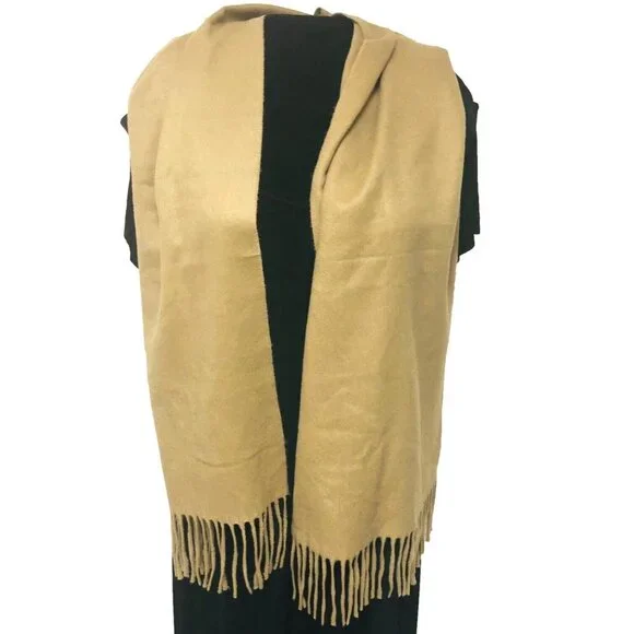VTG‎  Cashluxe Tan Beige Scarf Fringe Korea Men's Unisex 66 x 14 Soft