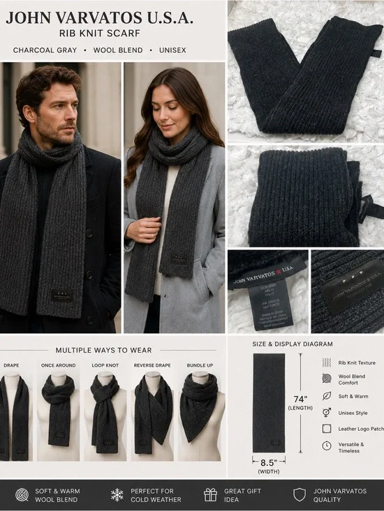 John Varvatos USA Charcoal Rib Knit Scarf Wool Blend Winter Unisex 74