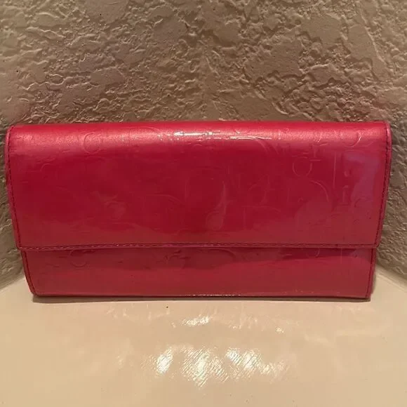 Dior Women's Ultimate Continental Long Wallet Red Patent Logo Embossed Trendy
