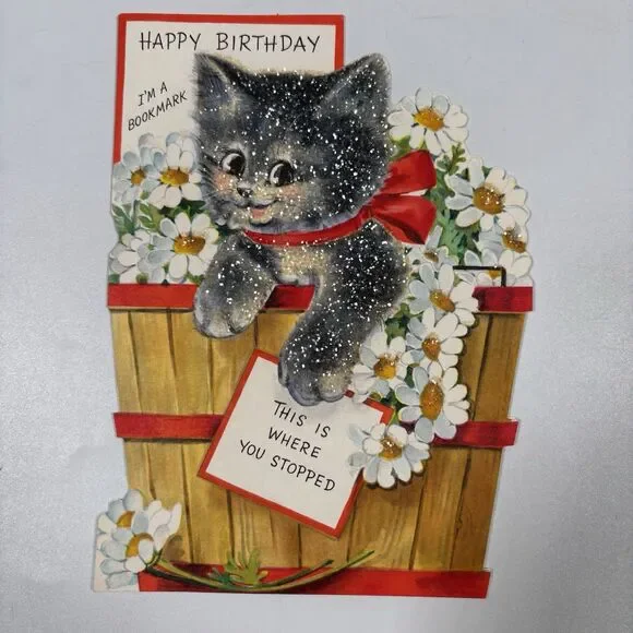 Vintage Cat Kitty Hallmark Birthday Card Bookmark Glitter Die Cut Cute Decor Art