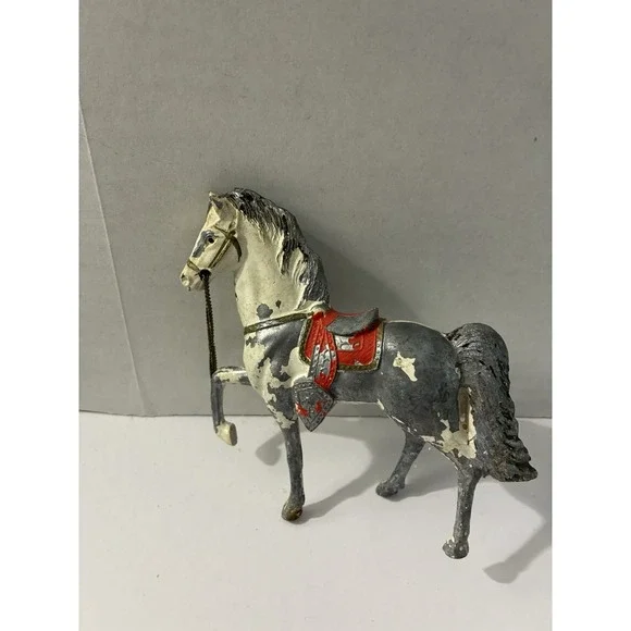 Vintage Cast Iron Horse Figurine Chain Reins Red Saddle Toy Gray White Pony