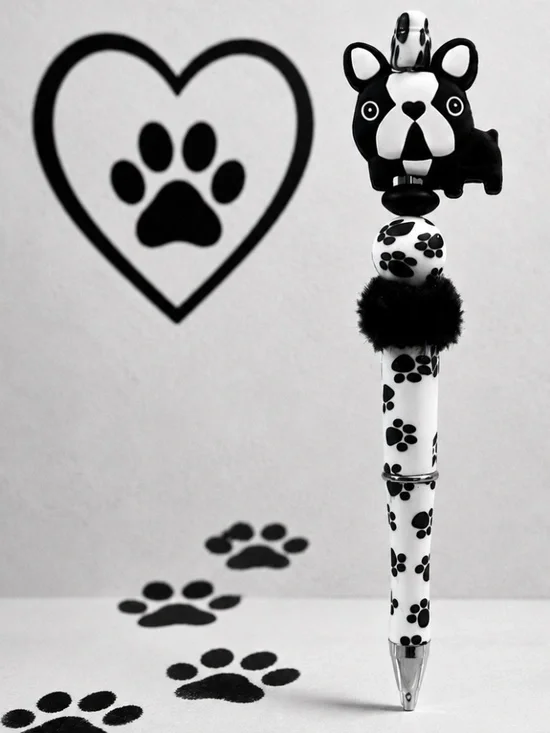 Black & White Puppy Paw Decorative Beaded Pen