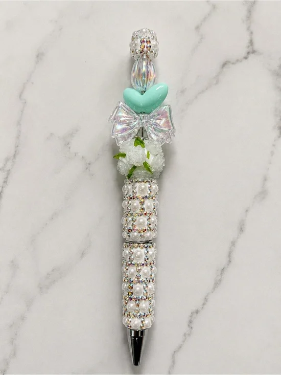 Handmade Iridescent Bow Pearl Beaded Rhinestone Pen