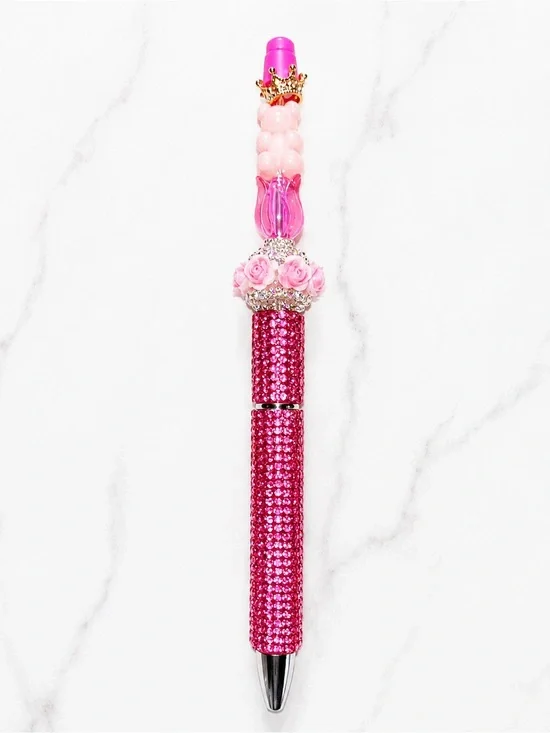Handmade Pink Princess Bear Rose Beaded Rhinestone Pen