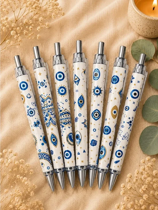 Evil Eye Ballpoint Pen Set - White, Blue & Gold