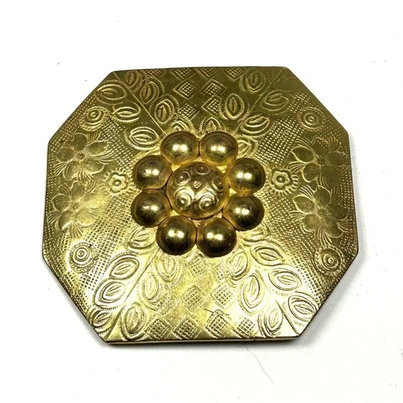Vintage Embossed Brass‎ Floral Belt Buckle 1960s Boho India Metal Octagon