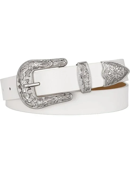 Women White With Shinning Buckle Leather Belt Vintage Western Design Waist Belt