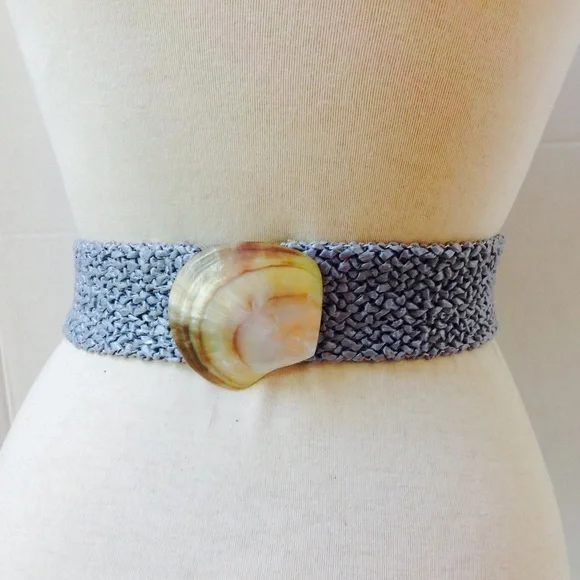 Vintage Shell Blue Belt Rattan Straw Clam Buckle