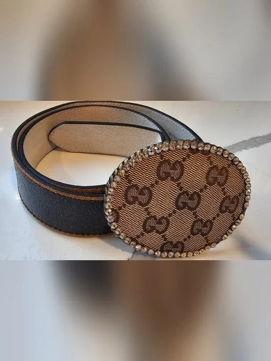 Vintage Black Leather Belt with Bling Rhinestone Oval Buckle, GG Monogram Fabric