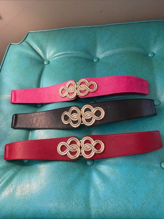 Set of 3 Wide Stretch Pink Statement Belts Decorative Gold Tone Buckle est L/XL