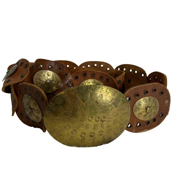 VTG Brown L‎ Leather Link Belt Brass Etched Medallion Oversized Buckle Boho