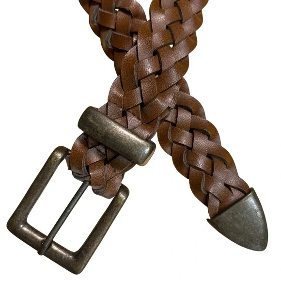 Western Braided Woven Brown Leather Belt Antiqued Brass Buckle Up to Size 30