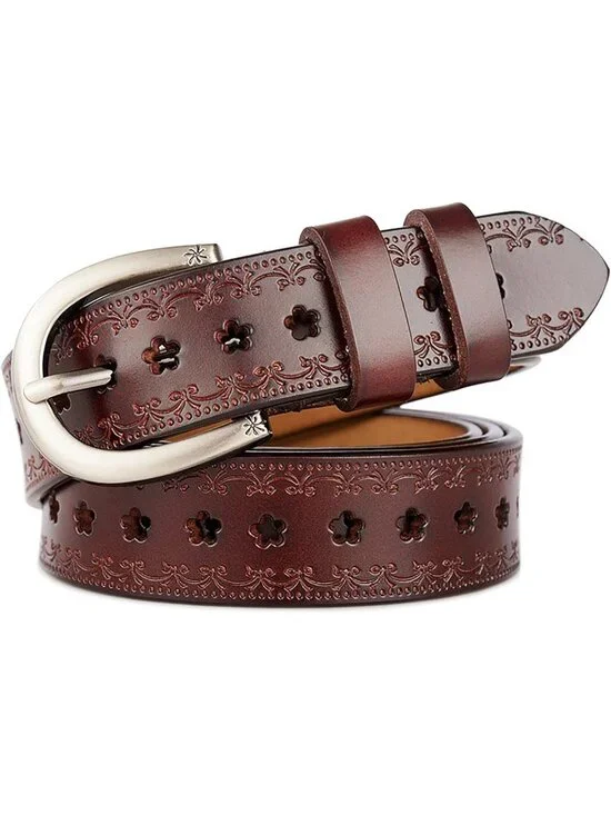 Women's Coffee-hollow Flowers Leather Belt Vintage Engraved Embossed Western