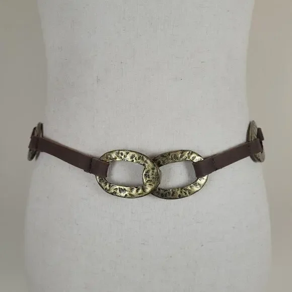 Leatherock Belt‎ Brown Leather Hammered Oval Medallion Boho USA Western Cowgirl