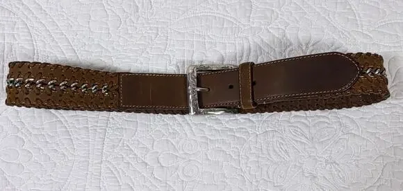 Brighton Women L Brown Braided Leather Silver Buckle Accent Belt Minimalist
