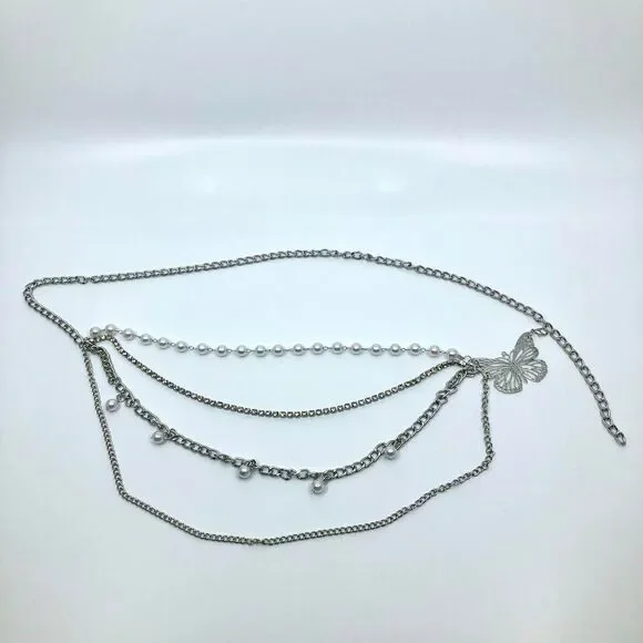 Women's Silver Butterfly Pearl Layered Chain Belt, 35 Inches, X7G9A1046