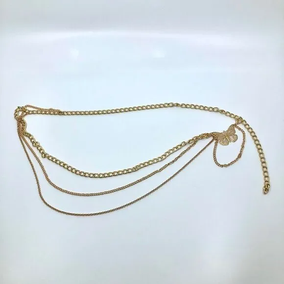 Women's Gold Butterfly Layered Chain Belt, 37 Inches, X7G9A1047