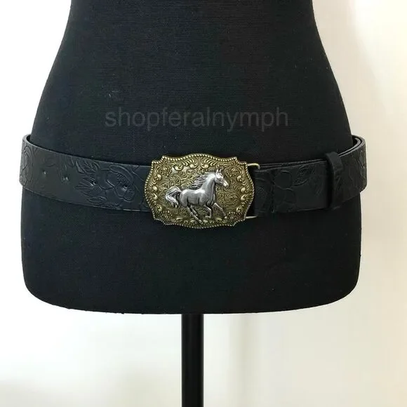 Y2K Cowgirl Black Embossed Floral Horse Buckle Belt, 31-40.5 Inches, X7GA1122
