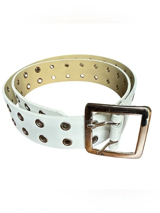 White Double Grommet Belt Silver Tone Buckle‎ Faux Leather Punk Y2K Waist Belt