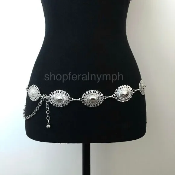 Y2K Boho Silver Ornate Oval Concho Chain Belt, Fits 25.5-45 Inches, X7GA1151