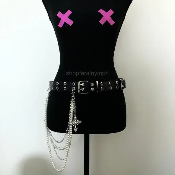 Y2K Goth Black Star Eyelet Faux Pearl Cross Belt, Fits 32–41 Inches, X7GA1227