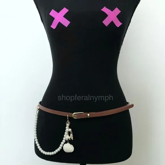 Mermaidcore Brown Faux Leather Pearl Shell Belt, Fits 32.5–35 Inches, X7GA1230