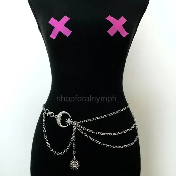 Silver Moon Sun Triple Layer Body Chain Waist Belt, Fits 15–41 Inches, X7GA1236