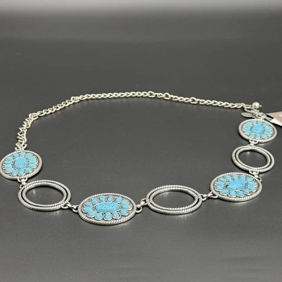 Chico's Women Belt Sm/Md Turquoise Stone Silver Medallion Southwestern Style NWT