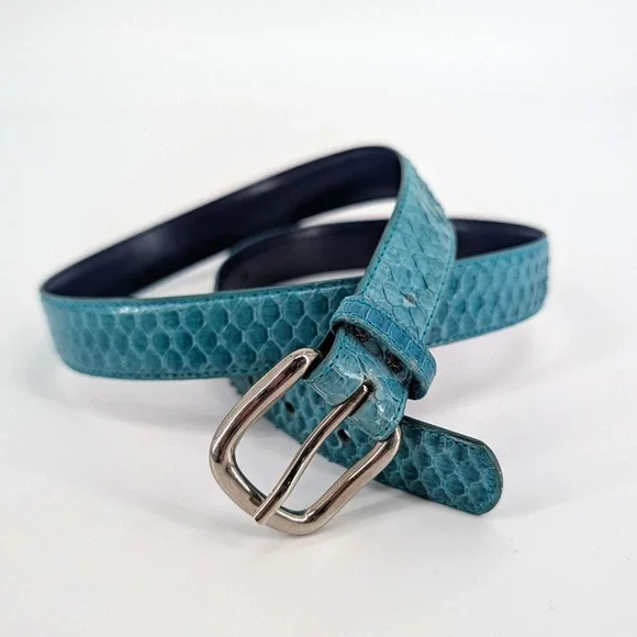 Genuine Snakeskin Belt Teal Blue Exotic Leather Brass Plated Buckle Size‎ L