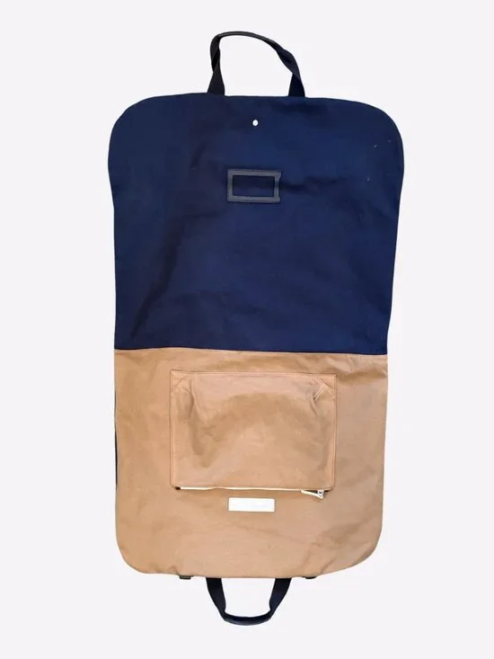 WANT Les Essentials De La Vie Woven Tweed Garment Travel Bag Navy Blue Brown