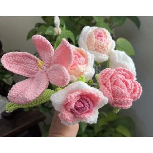 Handmade Crochet Flower Bouquet Pink Roses Lily Knit Flowers Gift Home Decor