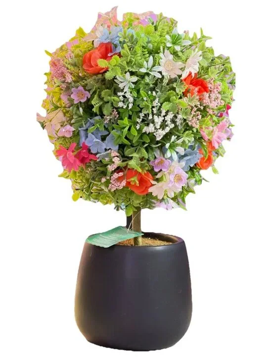 Ashwood 18” Coral & Blue Meadow Flower Artificial Topiary Plant In Black Planter