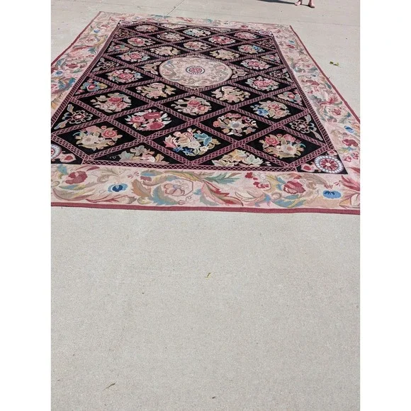Antique  Aubusson Style Needlepoint Floral  Rug Carpet 13.6 X 9.9 Feet. Estate