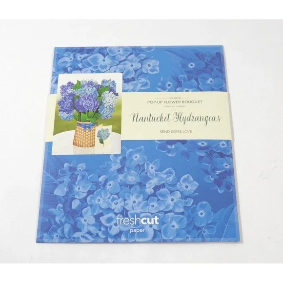 Freshcut Paper Pop-Up Bouquet Blue Nantucket Hydrangeas Floral With Note Card