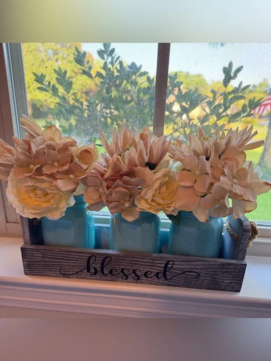 Decorative Blue Mason Jar Flower Arrangement with Cream & Peach Silk Blooms