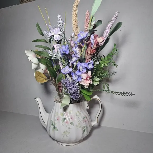Handmade Artificial Floral Arrangement In Pink Floral Teapot Gold Accent