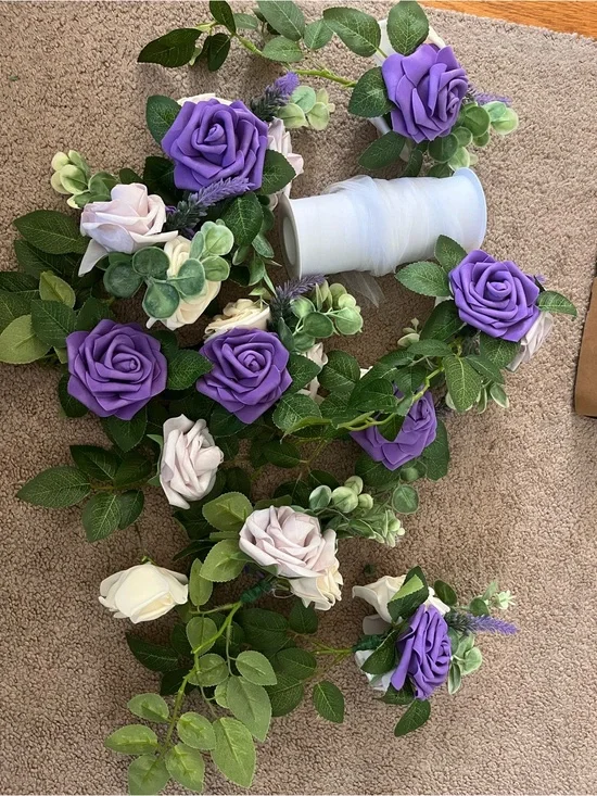 Artificial Floral Garland with Purple and Cream Roses, Tulle & Raffia
