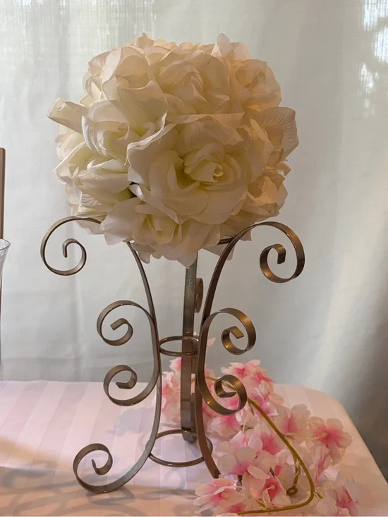 Cream Rose Ball Faux Floral Topiary on Decorative Metal Stand