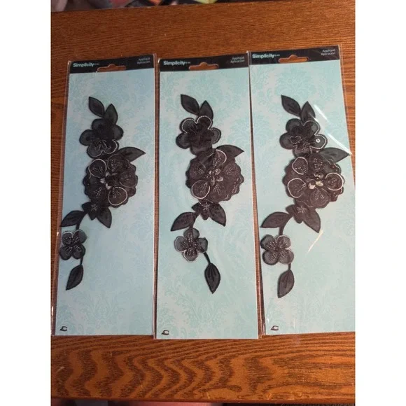 Simplicity Embroidered 3D Applique Black Floral Lace  Lot Of 3