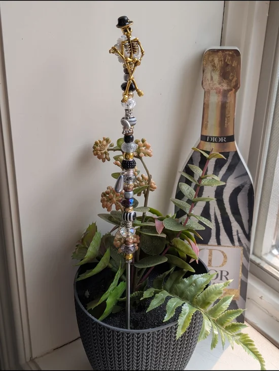 Hand Crafted Beaded Fairy Wand/Plant/Garden Stake W/Gold Blingy Skeleton Topper