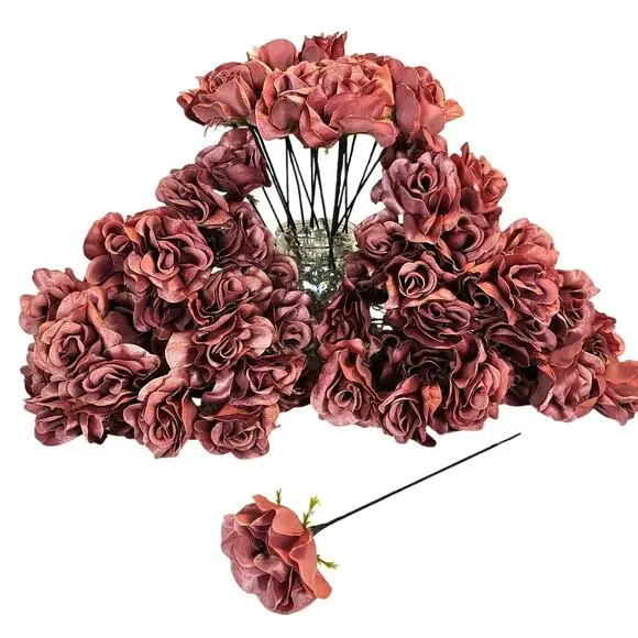 Mauve Pink Satin Open Rose Stems Artificial Flowers Wedding Craft 2.5