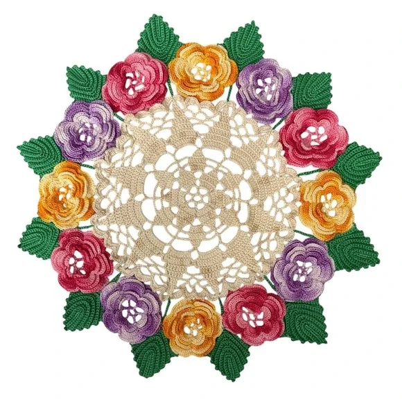 Handmade Crochet Rose‎ Posy Doily 12 Inch Floral Centerpiece Decor