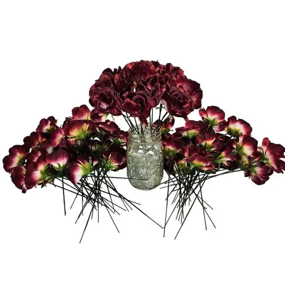 Lot 75 Wine Burgundy Satin Open Rose Stems Artificial Flowers Wedding Craft 2.5