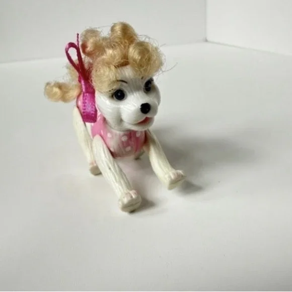Barbie‎ White Poodle Dog Blond Curly Hair Pink Bows Movable Feet Toy Figure