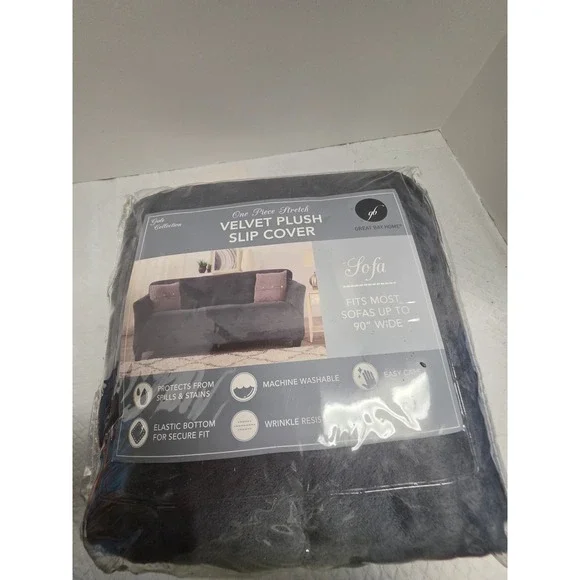 Great Bay Home Gale Collection Velvet Plush Sofa Slipcover Stretch Dark Grey 90