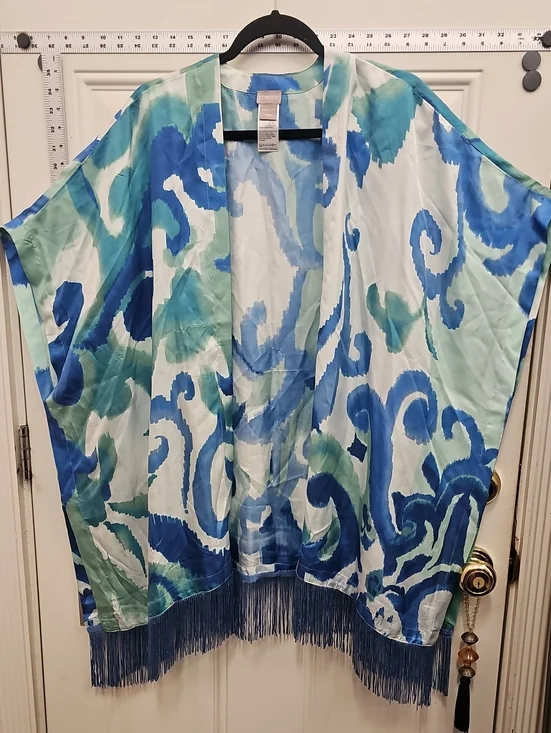 Chicos Teal & Blue Watercolor Fringe Kimono, Cover-Up, Silk, Summer, Wedding,