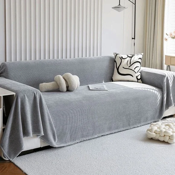 Gray Sofa Throw Cover - Cozy Knit Slipcover